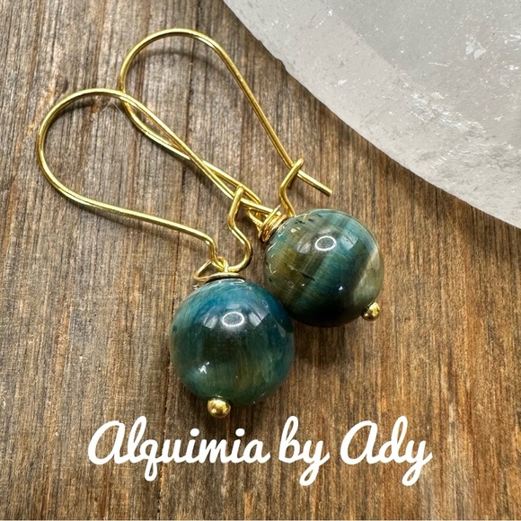 Gold blue Tiger eye Stone Earrings - Picture 1 of 1